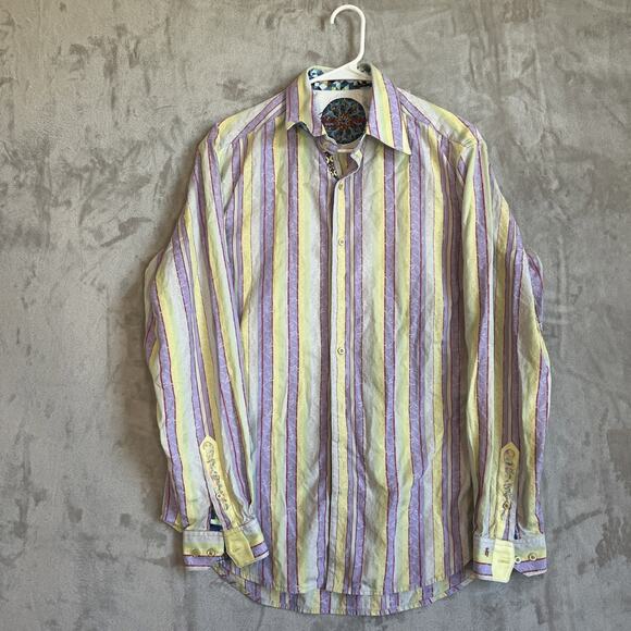 ROBERT GRAHAM Button-Up Shirt Mens M Multicolor Striped Embroidered Retro Preppy - Picture 1 of 9